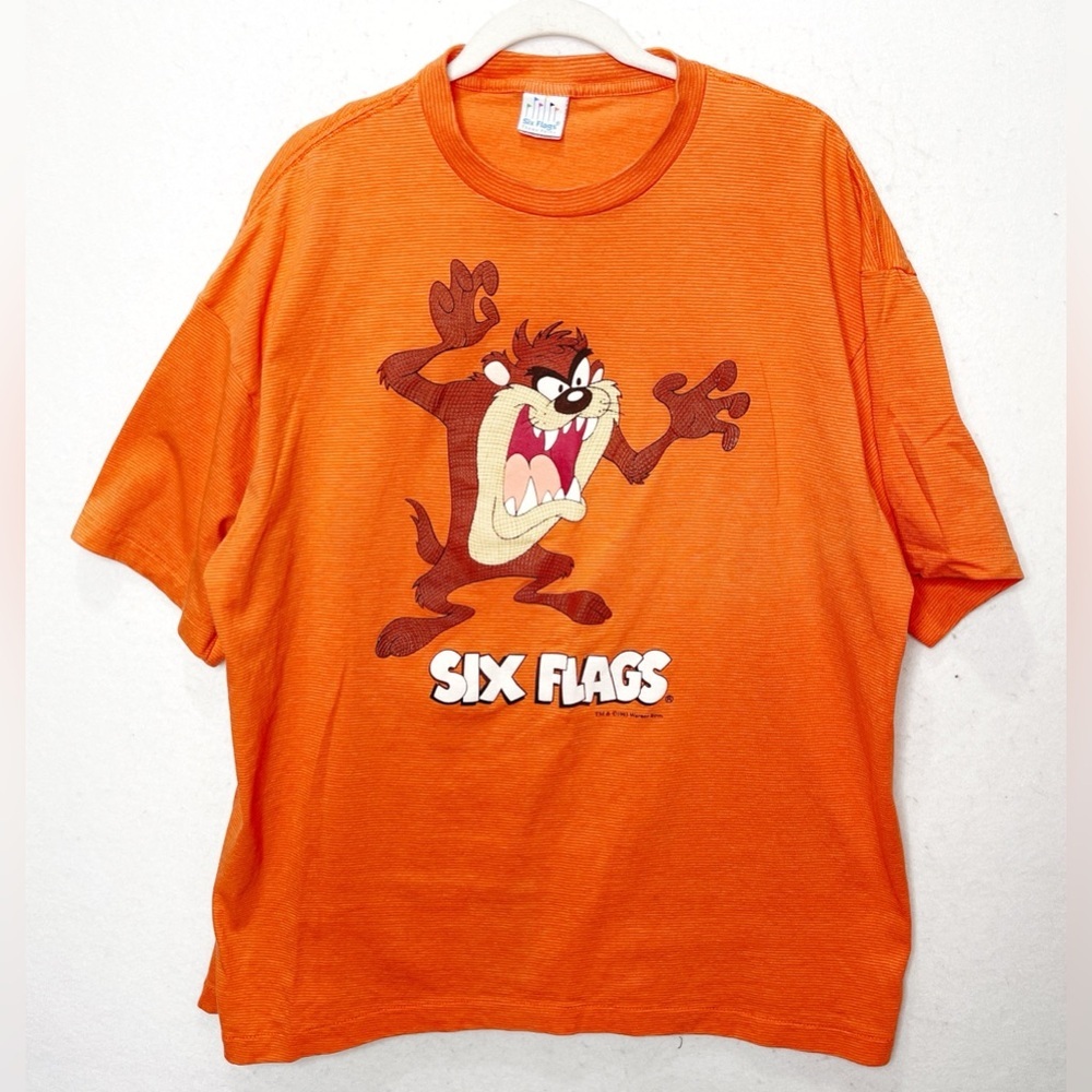 Vintage 1993 Taz Six Flags Orange Striped Single Stitch T-Shirt Tanzanian Devil